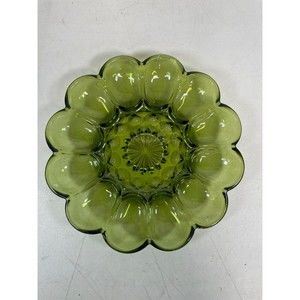 Vintage Green Glass Deviled Egg Plate Holder Serving Plater Plate 10  Holds 12